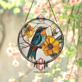 Blue Bird and Sunflower Stained Glass Suncatcher Floral Window Hanging Panel Nature Lover Gift Bright Garden Decor